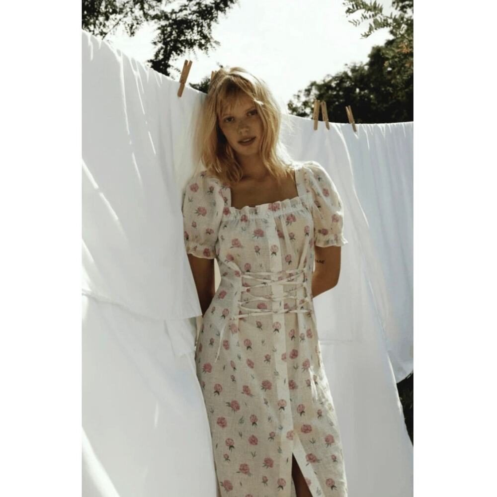 SLEEPER MARQUISE LINEN Midi DRESS IN ROSES Small Corset Lace Up Slit
